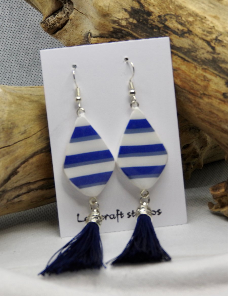 Dark blue striped dangle  ceramic earrings 