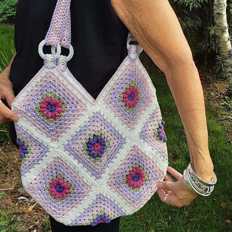 Hand crocheted granny square tote bag in 100% cotton. Unique  Free postage.