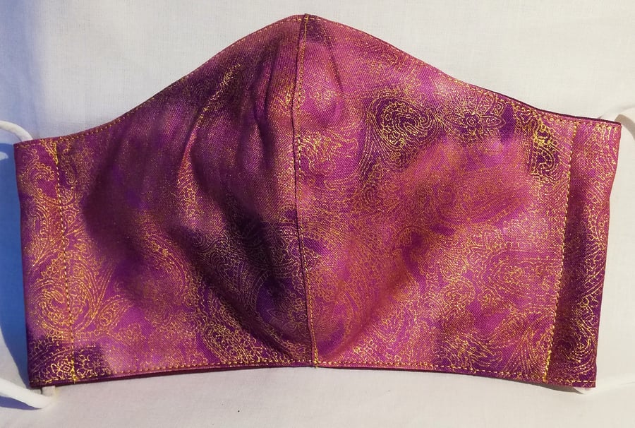 Face mask reusable triple layer 100% cotton pink with gold pattern