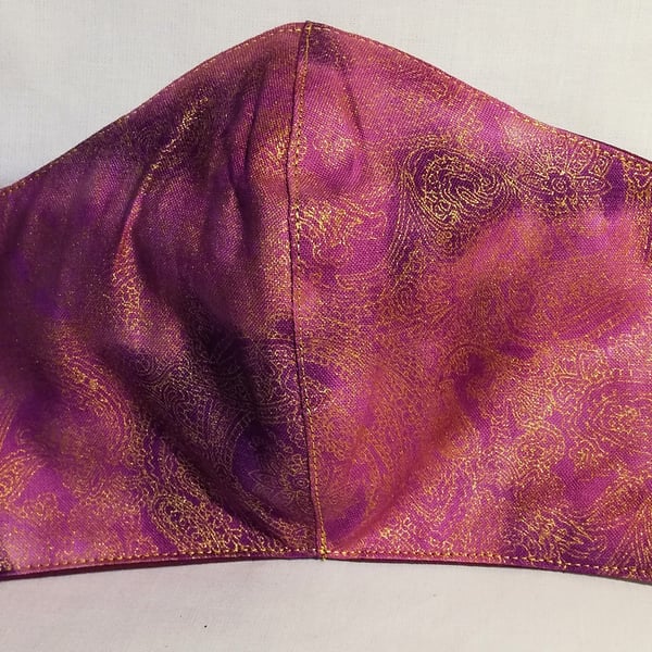 Face mask reusable triple layer 100% cotton pink with gold pattern