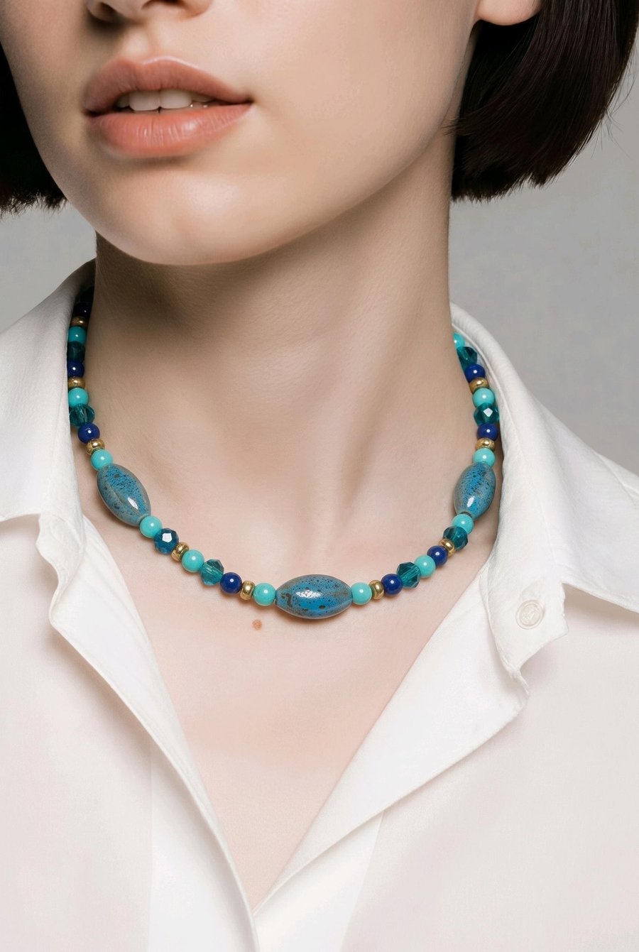 Handmade Ceramic Turquoise Cobalt Teal Beaded Necklace, Gold Clasp