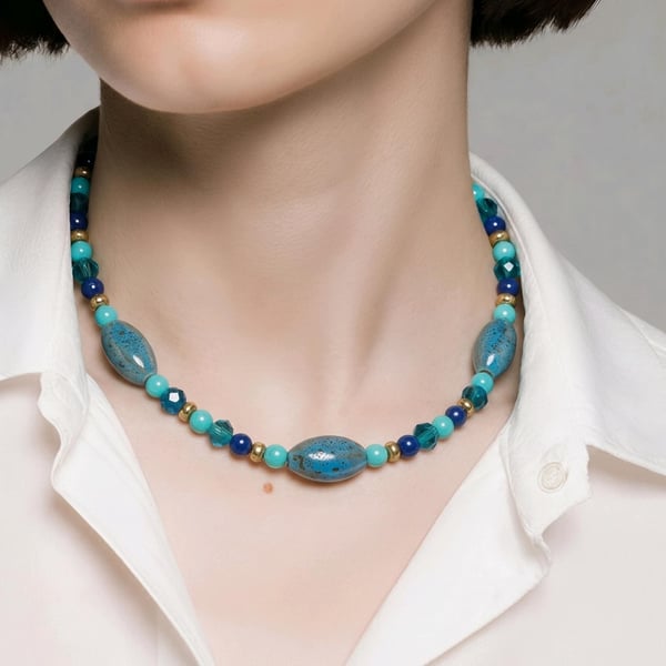 Handmade Ceramic Turquoise Cobalt Teal Beaded Necklace, Gold Clasp