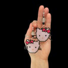 Unique beaded Hello Kitty earrings with upcycled glitter balls, long, light