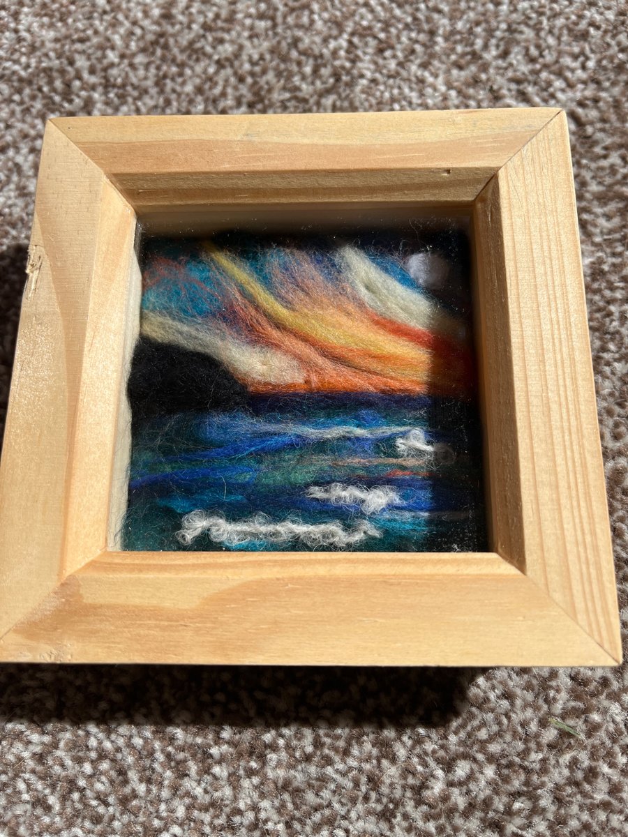 Sunset over cliffs and sea needle felt pine box frame 