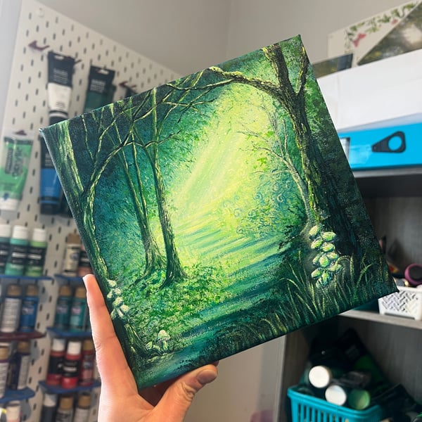 Acrylic painting on box canvas, The Green Forest.