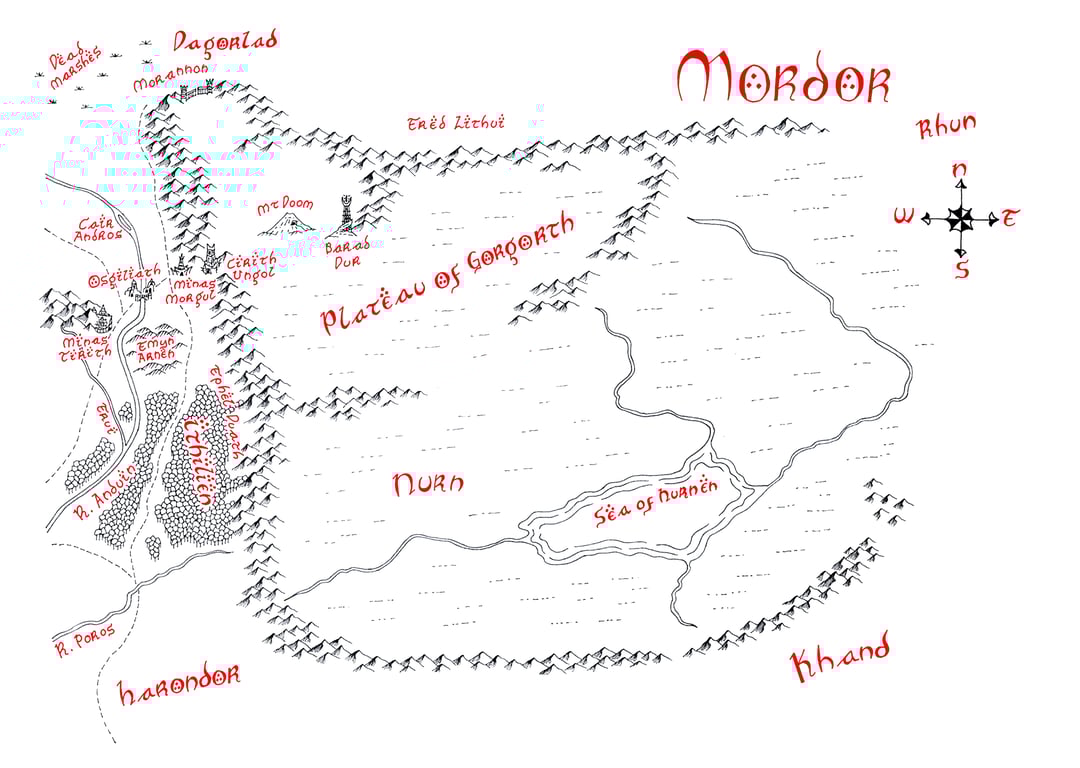 Map of Mordor Hand Drawn Tolkien Style Map Artwork