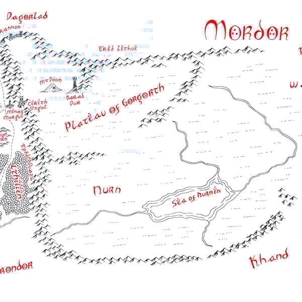 Map of Mordor Hand Drawn Tolkien Style Map Artwork