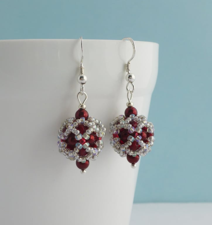 Red Glass Pearl Beaded Ball Earrings with Sterling Silver Earwires