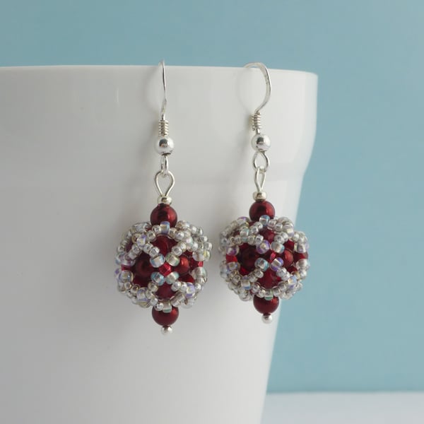 Red Glass Pearl Beaded Ball Earrings with Sterling Silver Earwires