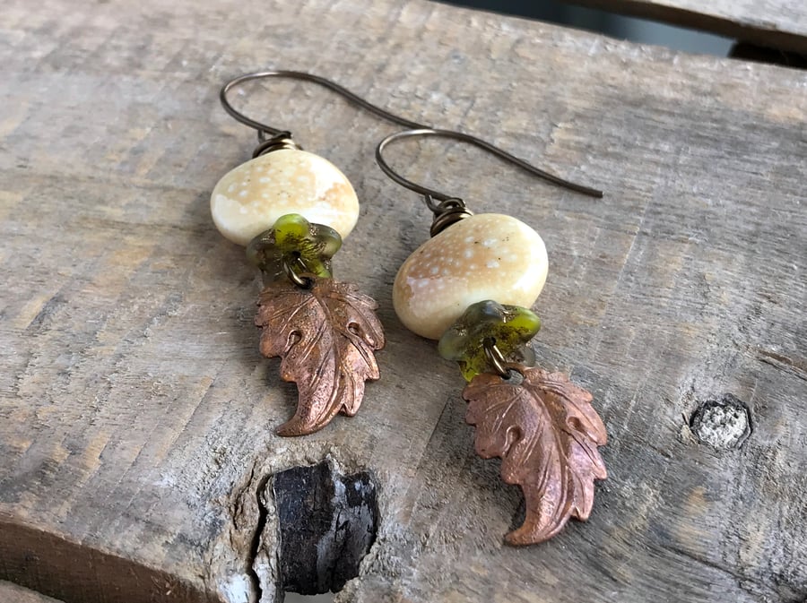Rustic Copper Leaf Earrings. Prairie Leaf Earrings. Pastel Ceramic Earrings