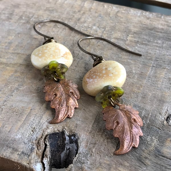 Rustic Copper Leaf Earrings. Prairie Leaf Earrings. Pastel Ceramic Earrings