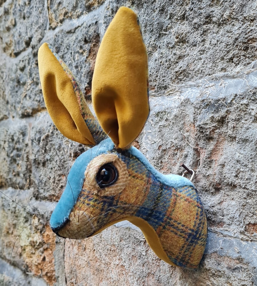 Faux hare head wall mount in saffron and pale blue wool tartan- Mr Hamish