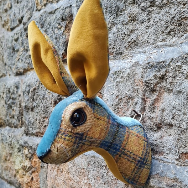 Faux hare head wall mount in saffron and pale blue wool tartan- Mr Hamish