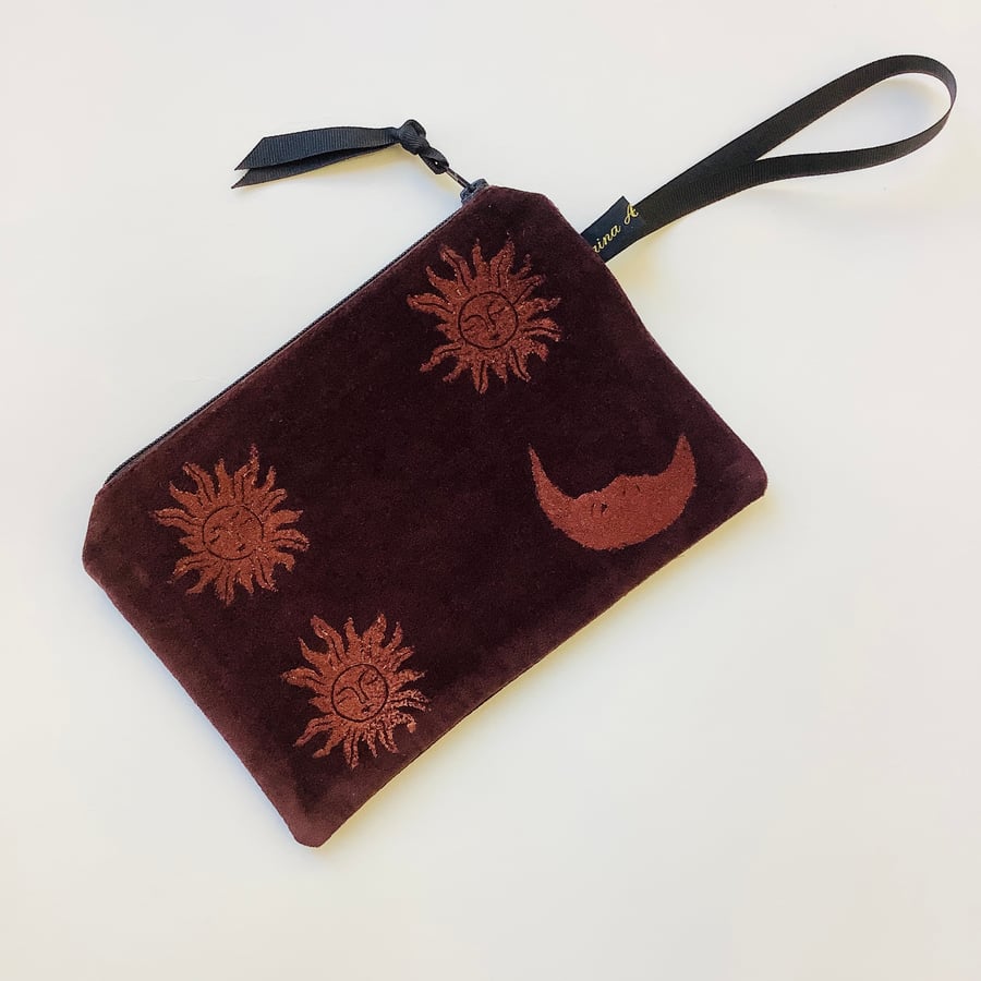 Chocolate Sun and Moon velvet zip-up pouch