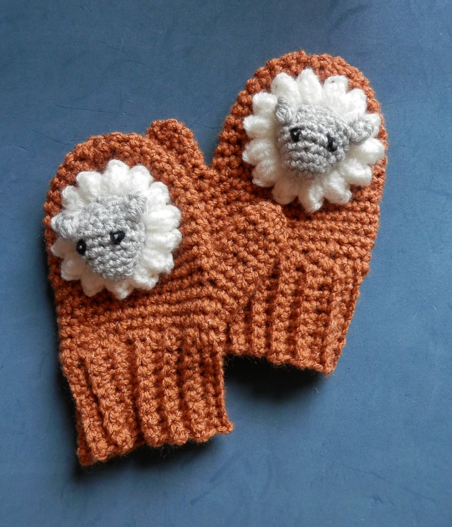 Crochet Sheep Mittens fit age 3-4yrs