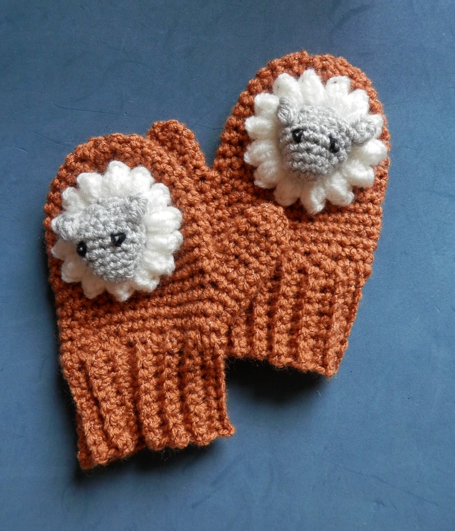 Crochet Sheep Mittens fit age 3-4yrs