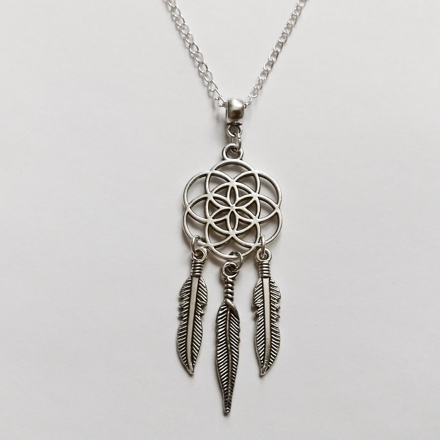 Silver Plate Flower of Life Dreamcatcher Dream Catcher Necklace
