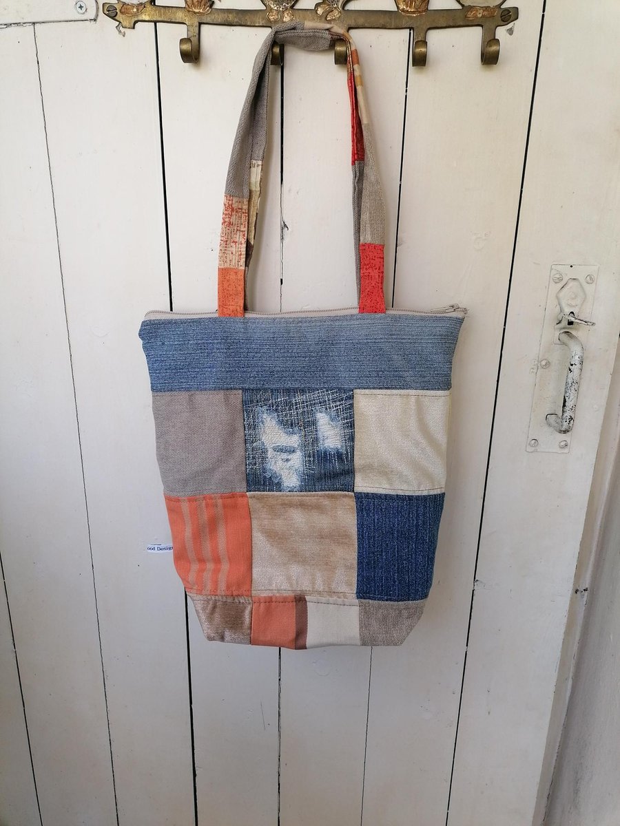 Zipped Patchwork Tote Bag, Handmade 
