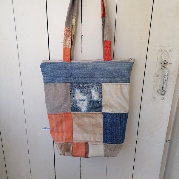 Zipped Patchwork Tote Bag, Handmade 