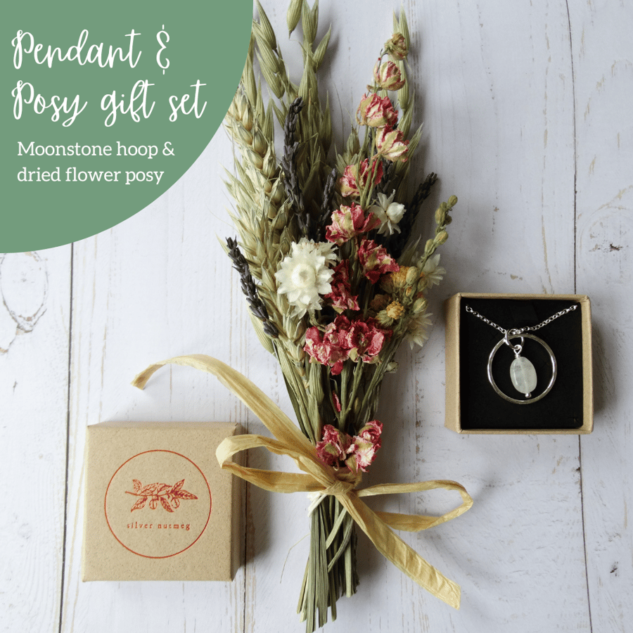 Pendant & posy gift set bundle - moonstone hoop in recycled silver