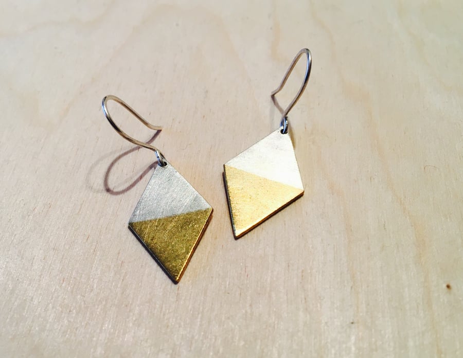 Silver and Brass Handmade Diamond Dangly Earrings