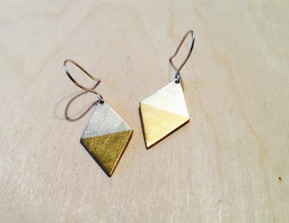 Silver and Brass Handmade Diamond Dangly Earrings