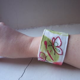 Sweet and summery fabric cuff with hand embroidered butterflies