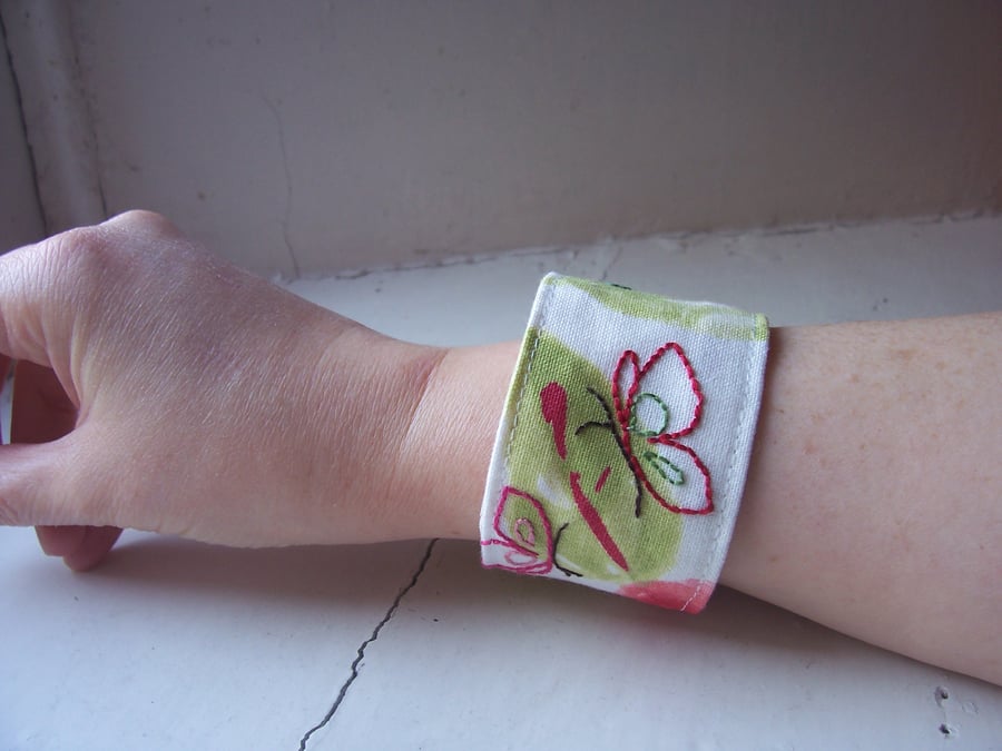 Sweet and summery fabric cuff with hand embroidered butterflies