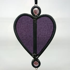 Stained glass purple heart beaded leaded suncatcher. Hanging decoration. 