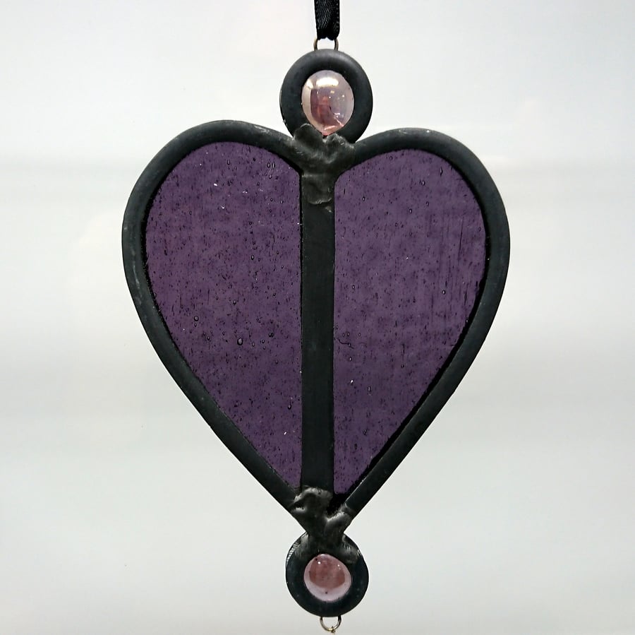Stained glass purple heart beaded leaded suncatcher. Hanging decoration. 