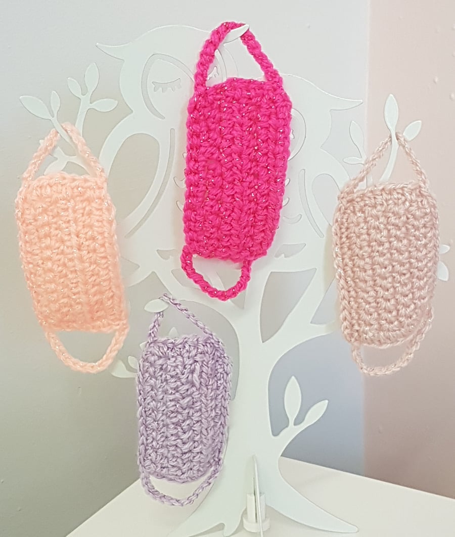 Hand crochet novelty sparkly mini masks tree decorations x 4