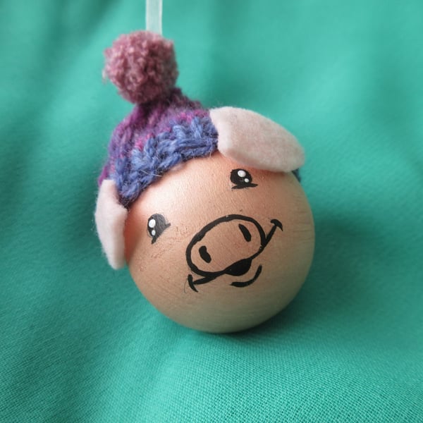 Pig Christmas Tree Bauble Hanging Decoration Piggy in Woolly Hat