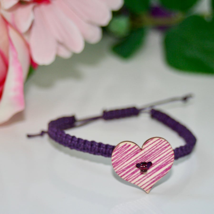 Purple wooden heart macrame bracelet