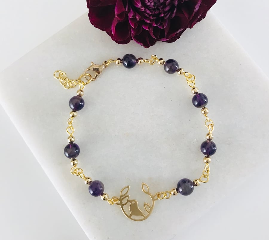 Amethyst gemstone purple and gold  bracelet with bird connector 