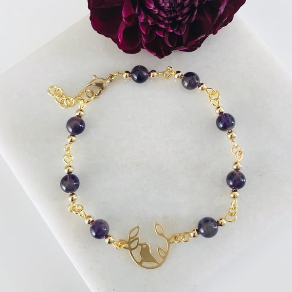 Amethyst gemstone purple and gold  bracelet with bird connector 