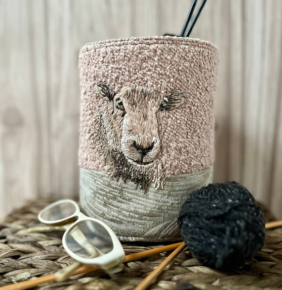 Textile storage pot with hand embroidered sheep