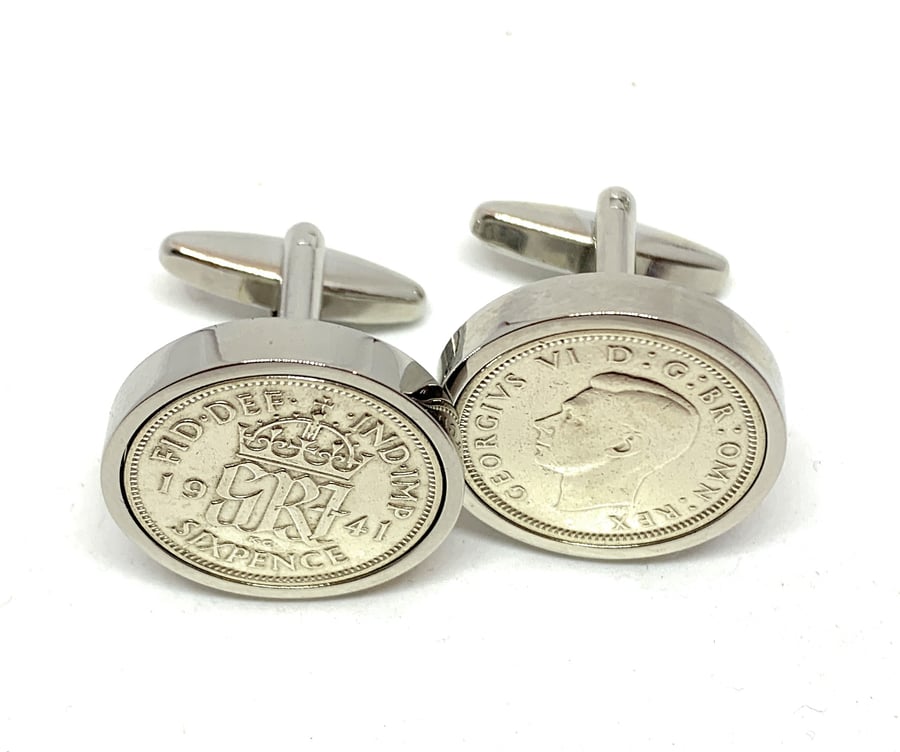 1941 Sixpence Cufflinks 80th birthday. Original sixpence coins Great gift HT