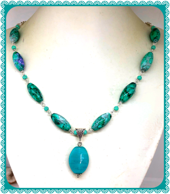 One of a Kind Turquoise coloured drop beaded necklace