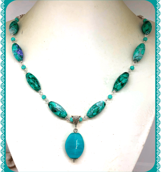 One of a Kind Turquoise coloured drop beaded necklace