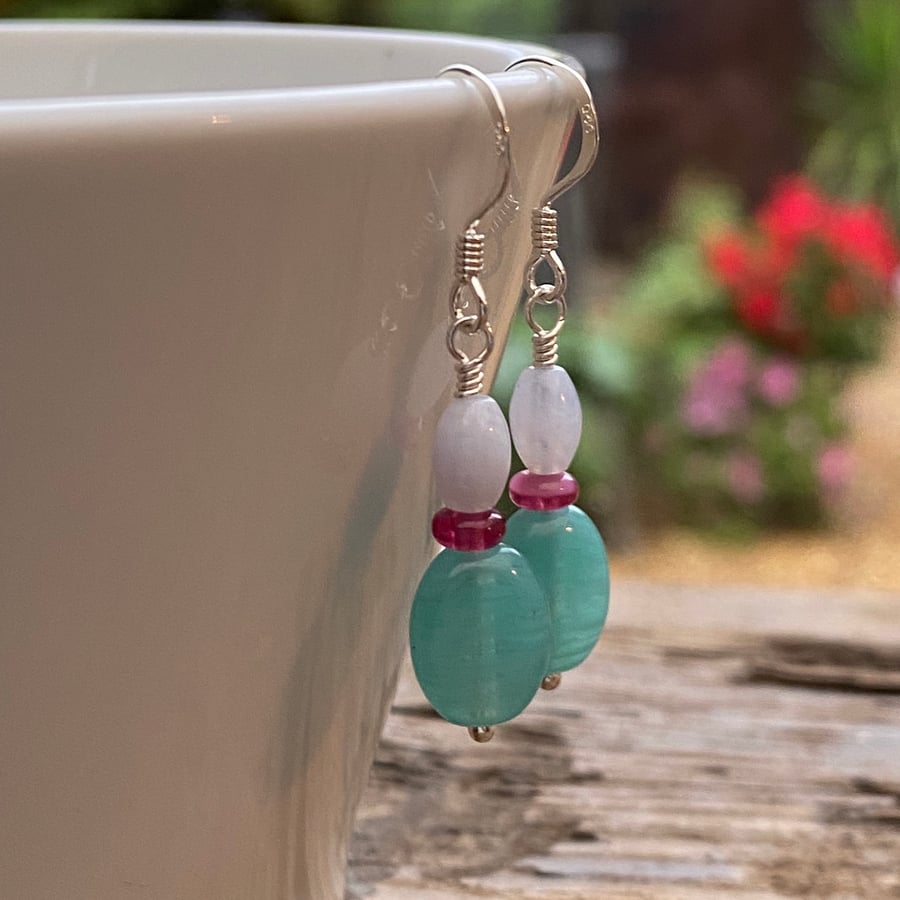 Turquoise mix bead earrings. Sterling Silver. 