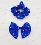 Royal blue holographic satin clip on bow and scrunchie set.   - Image 6
