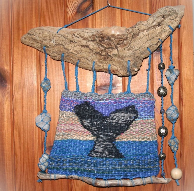 Tree of the sea - whale tail - vegan weave tapestry with driftwood and raw quart