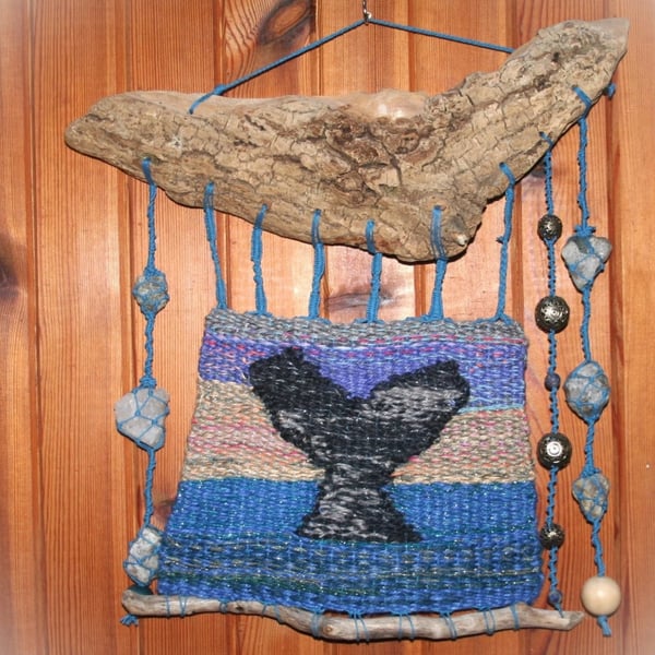 Tree of the sea - whale tail - vegan weave tapestry with driftwood and raw quart