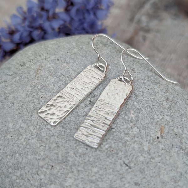 Sterling Silver Asymmetrical Hammered Rectangle Drop Earrings - JBJ1087