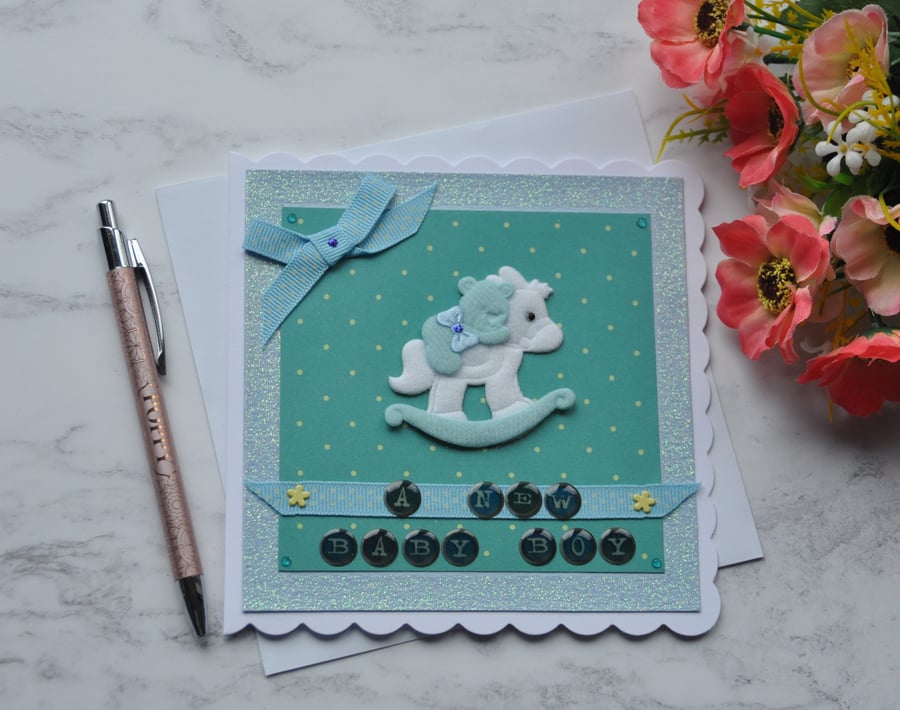 New Baby Boy Card Teddy Bear Rocking Horse Glitter 3D Luxury Handmade Card