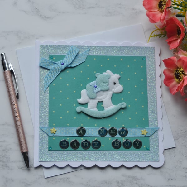 New Baby Boy Card Teddy Bear Rocking Horse Glitter 3D Luxury Handmade Card