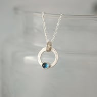 Silver Circle Ring Pendant Necklace with London Blue Topaz Stone