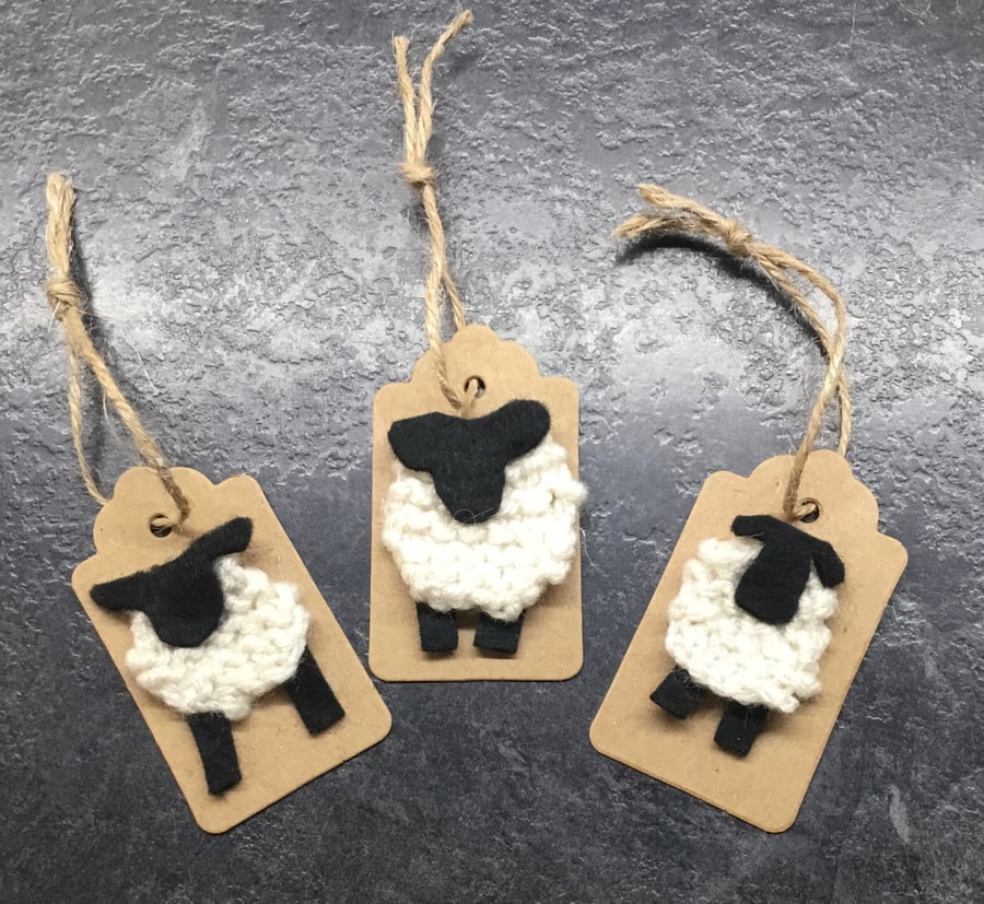 Handmade gift tags with knitted sheep, gift tags, sheep, birthday presents