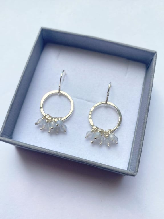 Pastel Aquamarine Gemstone Super Disco Ruffle Silver Circle Earrings