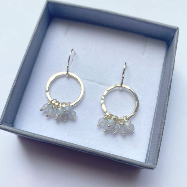 Pastel Aquamarine Gemstone Super Disco Ruffle Silver Circle Earrings